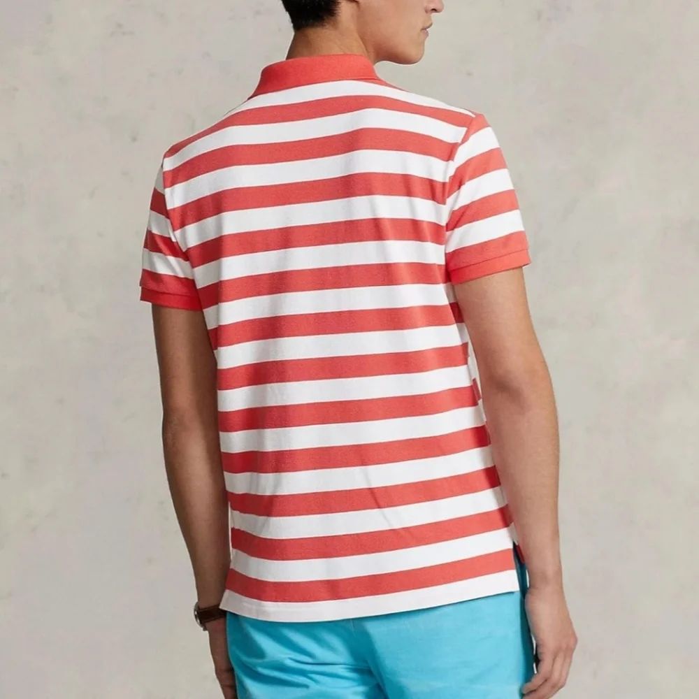 Polo Ralph Lauren Men Classic Fit Red & White Bold Striped Mesh Polo Shi…